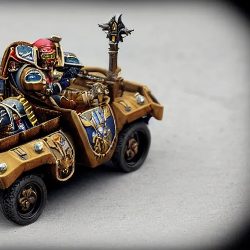 Image similar to 8 0 mm resin detailed miniature of a warhammer 4 0 k space marine driving the popemobile, product introduction photos, 4 k, full body, hyper detailed,