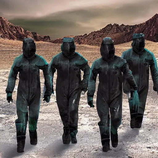 Prompt: a surreal landscape with towers in a harsh environment, a group of figures dressed in biohazard suits are walking, digital art