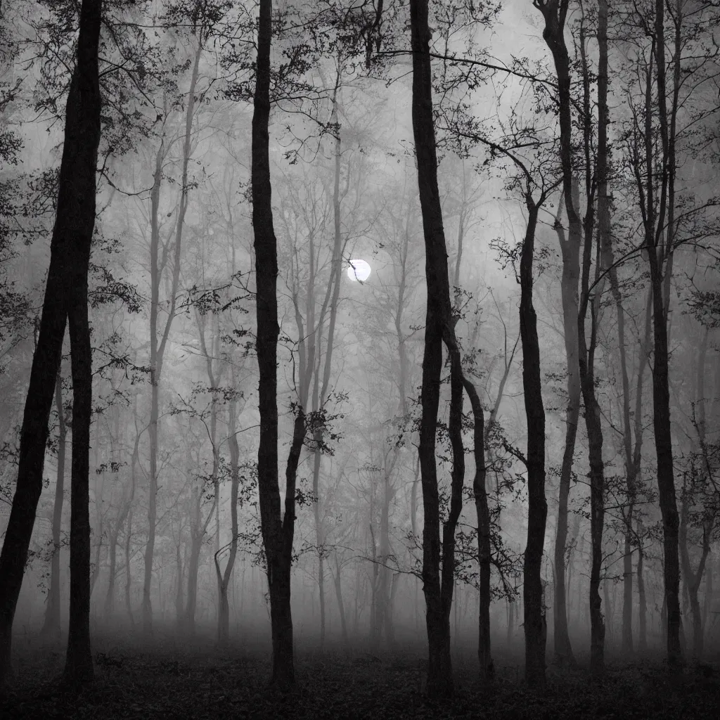 Image similar to Eerie forest at night, shadows, red moon in background