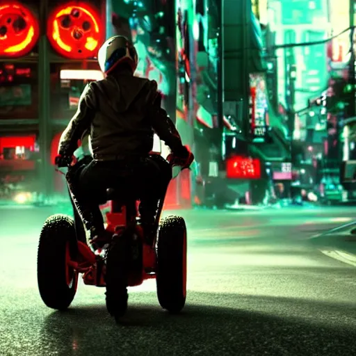 Image similar to spawn riding a tricycle in a neotokyo street, cyberpunk, movie still, 4 k