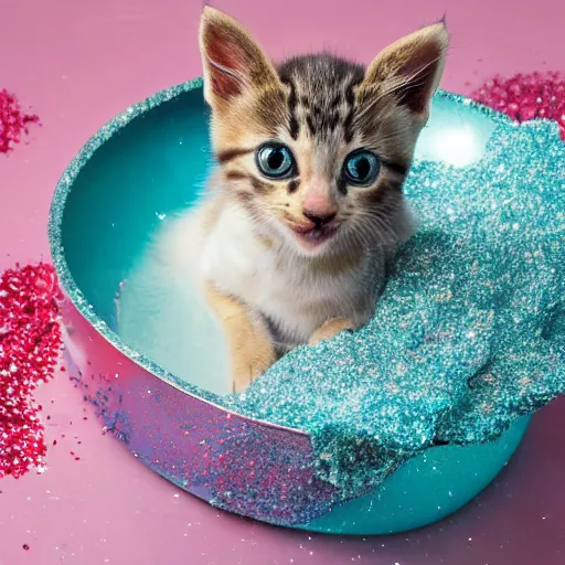 Image similar to kitten bathing itself with a glitter explosion, 8k,award winning photo