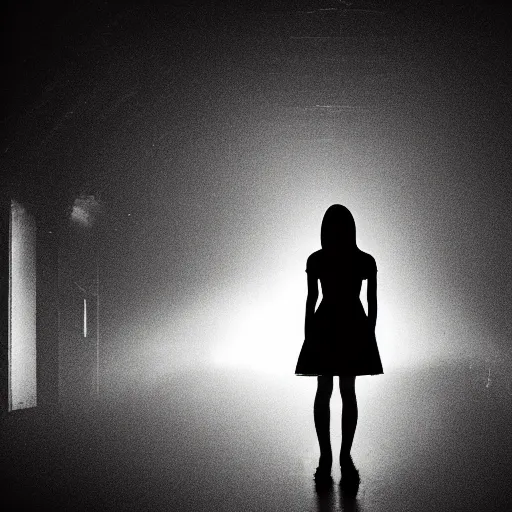 Prompt: dim lights shining through dark fog, emptiness, silhouette of a girl standing small, dress, psychedelic, spooky found footage, dramatic contrast, vast empty hall, trending on artstation