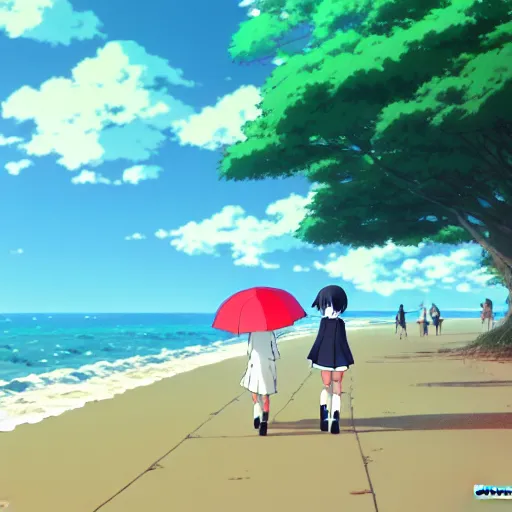 Prompt: anime girl and boy walking together on the Beach, Rain, umbrella, by makoto shinkai, Studio Ghibli, anime wallpaper, illustration, 4k Wallpaper, flat colors, trending on artstation, cgsociety