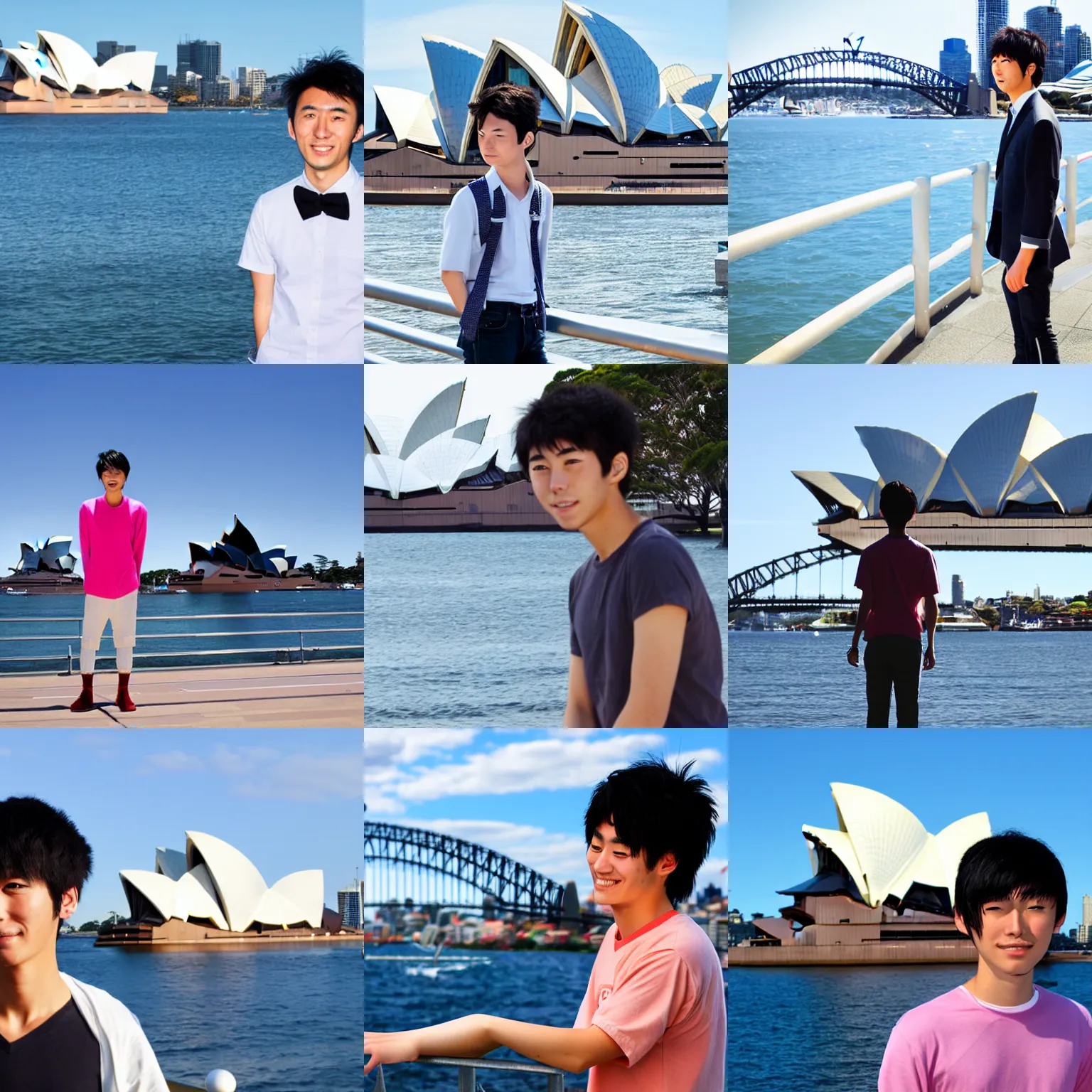 Prompt: japanese teen male at sydney harbour with sydney opera house in the background, anime style