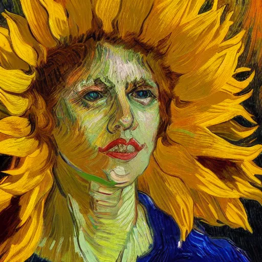 Prompt: closeup, giant sunflower head, woman standing in a room, surreal, dramatic light, impressionist painting, digital painting, artstation, van gogh