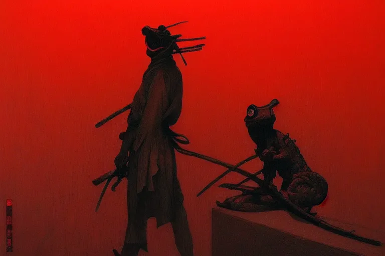 Image similar to only with red, a red samurai harakiri, tokio, a lot of frogs watch, in the style of beksinski, parts by edward hopper, parts by rodcenko, parts by yue minjun, intricate and epic composition, red by caravaggio, insanely quality, highly detailed, masterpiece, red light, artstation, 4 k