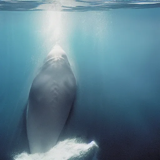 Prompt: underwater photo by national geographic and mort kunstler and annie leibovitz and monia merlo, a stunning blue whale completely covered in a long billowing flowing white sheet swimming through the ocean, backlit, 4 d, 4 k, volumetric lighting, photorealistic, light ray, hyperdetailed