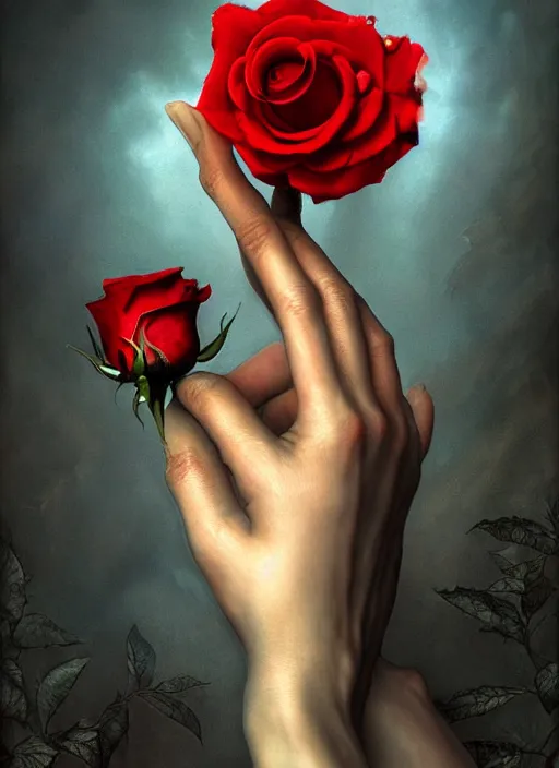 Prompt: a bird with hands holds a rose, hyperrealism, no blur, 4 k resolution, ultra detailed, style of tyler edlin, tom bagshaw, arthur rackham, ivan shishkin