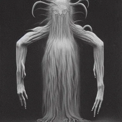 Image similar to vintage photography of faceless beast-god with many long arms, a huge body covered with deep furs by Zdzisław Beksiński, odd eye, dark fantasy, detaling, abomination, blur, platinum printing