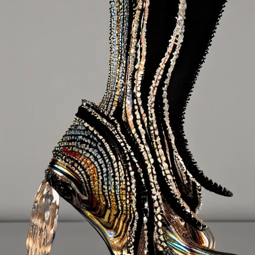 Prompt: mami wata inanna ishtar haute couture, iris van herpen, jean paul gaultier, mugger, also 1 1 inch platform chunky heeled boots covered in cowrie shells, transparent crystal, labradorite, marc jacobs, alexander mcqueen, noritaka tatehana