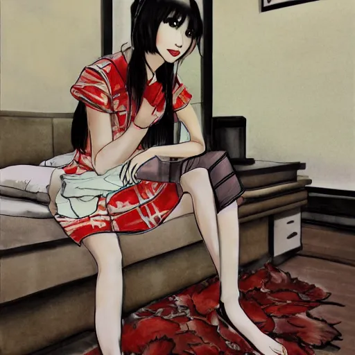Image similar to a perfect, realistic professional digital sketch of a Japanese schoolgirls posing in a luxury hotel room, style of Marvel, full length, by pen and watercolor, by a professional American senior artist on ArtStation, a high-quality hollywood-style sketch, on high-quality paper