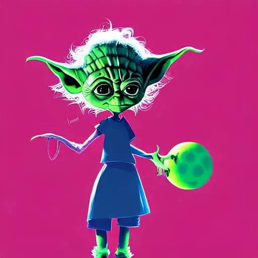 Image similar to curled perspective digital art of curly brown hair girl playing ball with yoda by anton fadeev from nightmare before christmas