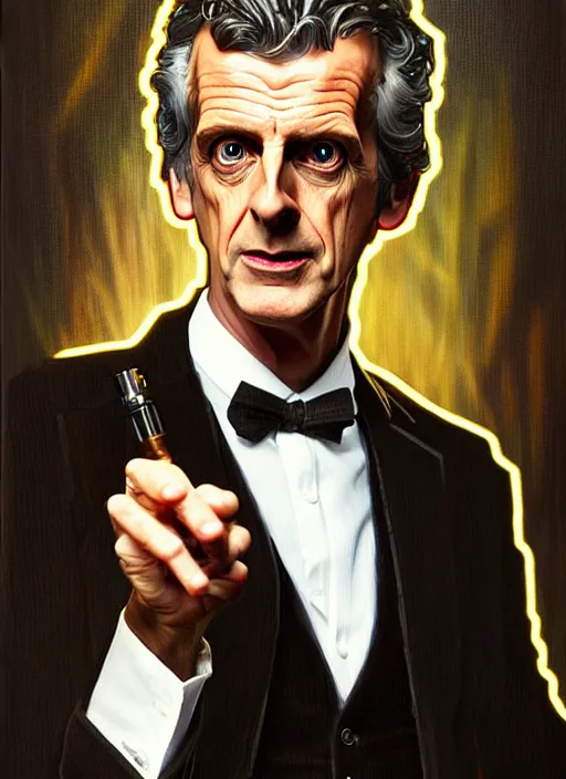 Image similar to oil portrait of the twelfth doctor from doctor who, intricate, elegant, highly detailed, lighting, painting, artstation, smooth, illustration, art by greg rutowski and alphonse mucha