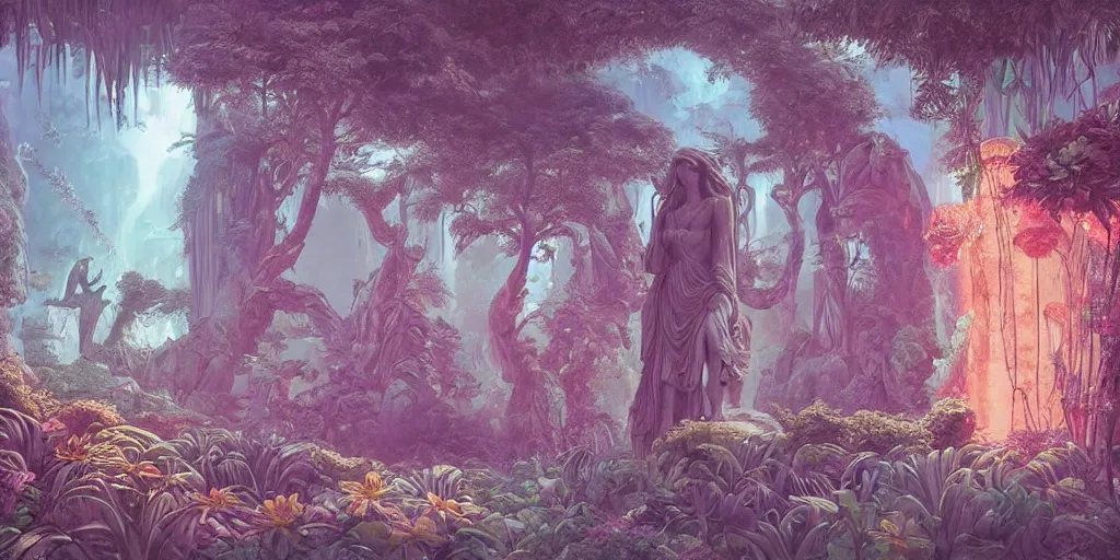 Prompt: Beautiful Ancient Greece Sculpture in jungle with big wild flowers windows, figures, soft neon lights, bright colors, cinematic, cyberpunk, smooth, chrome, lofi, nebula, calming, dramatic, fantasy, by Moebius, by zdzisław beksiński, fantasy LUT, studio ghibli, high contrast, epic composition, sci-fi, dreamlike, surreal, angelic, 8k, unreal engine, hyper realistic, fantasy concept art, XF IQ4, 150MP, 50mm, F1.4, ISO 200, 1/160s, natural light, Adobe Lightroom, photolab, Affinity Photo, PhotoDirector 365