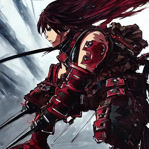 Image similar to an anime man with dark red hair, wearing samurai armor, drawn by yoji shinkawa, sci - fi, highly detailed,