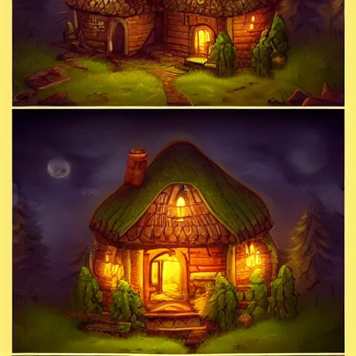 Image similar to cozy fantasy cottage at night, glowing with lamplight, amazing, trending on artstation