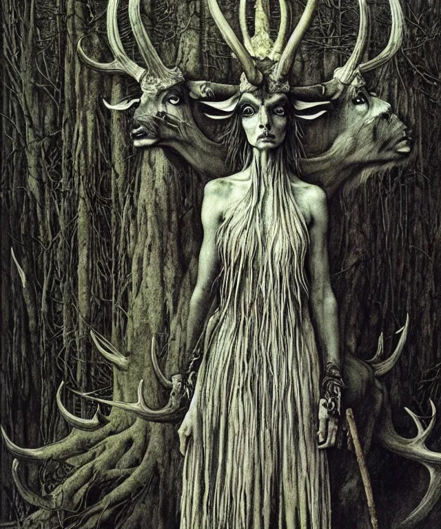 Prompt: A detailed horned antelopewoman stands by the forest. Wearing a ripped mantle, robe. Perfect faces, extremely high details, realistic, fantasy art, solo, masterpiece, art by Zdzisław Beksiński, Arthur Rackham, Dariusz Zawadzki