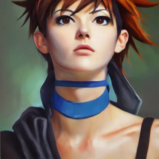 Image similar to oil painting of tracer overwatch in a field wearing o - ring choker around neck, in style of mark arian, expressive face, detailed face, detailed eyes, full body, feminine face, tracer overwatch,