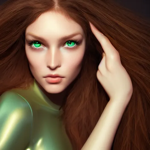 Prompt: photograph of a cute woman with long shiny bronze brown hair and green eyes, 8k, by Irakli Nadar, hyperreal, trending on artstation