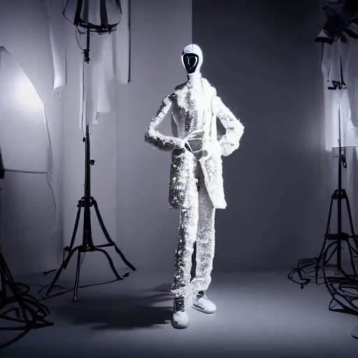 Image similar to an elegant mannequin, dressed in an intricate futuristic outfit, baggy pants, puffy shiny coat, sneakers, in a studio setting, studio lighting, dramatic lighting, studio photography