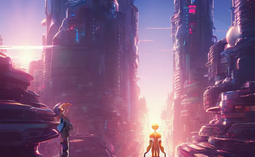 Image similar to The Cybertronic city of anime character Astroboy, panoramic city scape, golden hour sunlight, award winning painting, artstation, concept art, digital painting, Unreal Engine 5, 8K, art by artgerm and greg rutkowski and makoto shinkai and alphonse mucha and ross tran