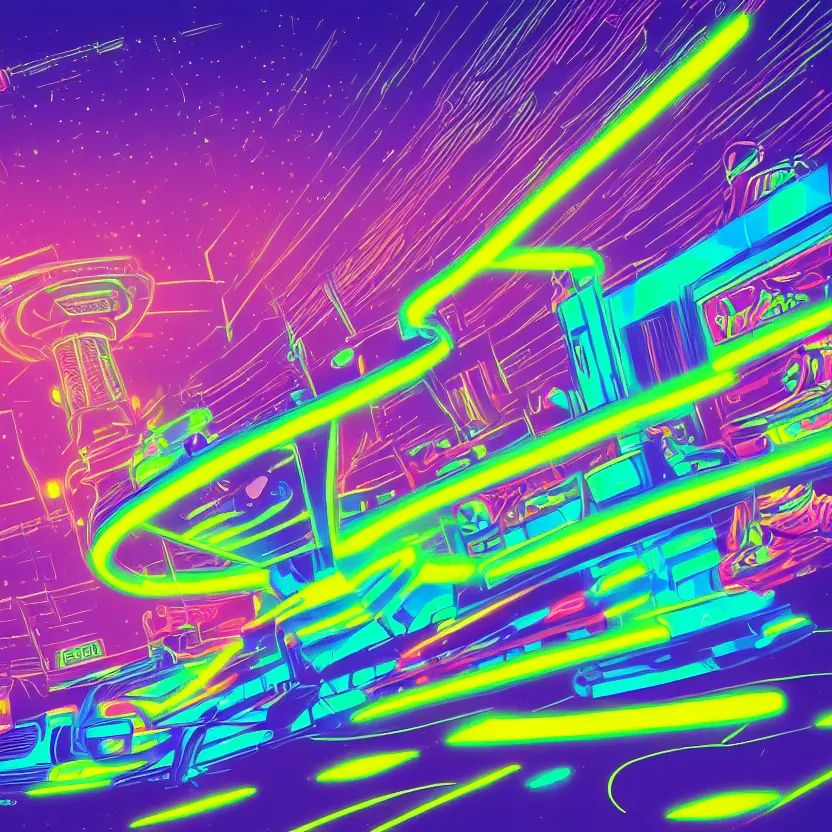 Prompt: a ufo with neon lines, epic retrowave art, trending on art station