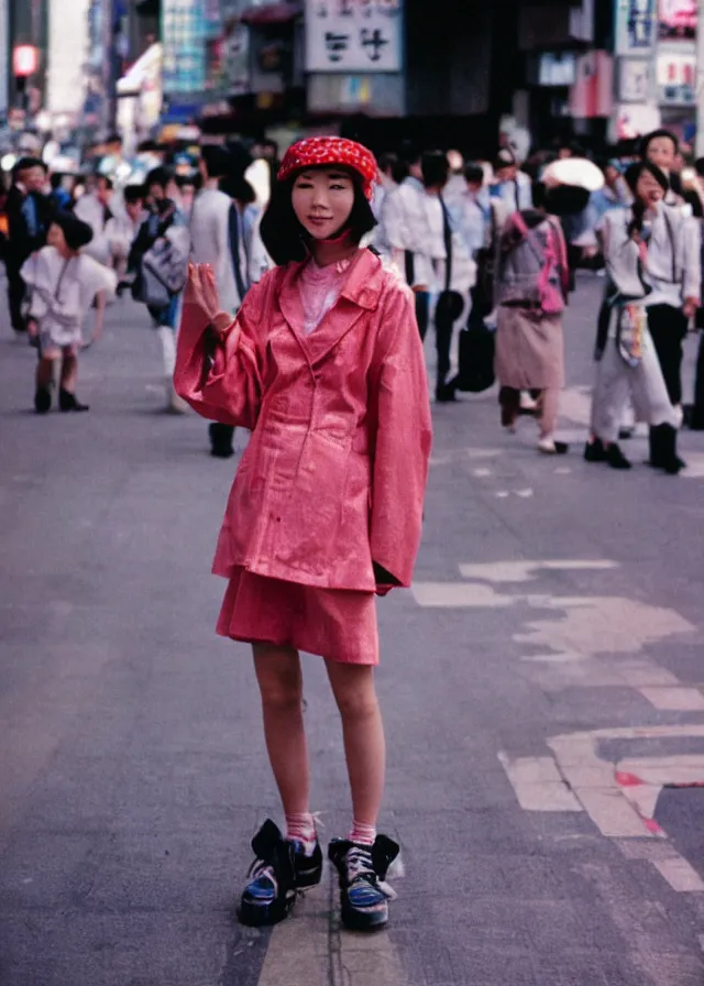 Prompt: a street fashion photograph of a cute japanese woman in 9 0 s fashion, in tokyo akihabara, shot on cinestill 5 0 d with a 3 5 mm at f / 2. 8 lens, print magazine quality, realistic photograph, nineties nostalgia, 4 k