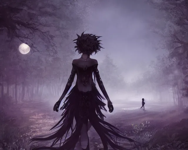 Prompt: goth woman in a moonlight view, in a forest, a river, tankoban, 4 k, tone mapping, akihiko yoshida, james jean andrei riabovitchev marc simonetti, yoshitaka amano, long hair, curly, h. hydrochaeri