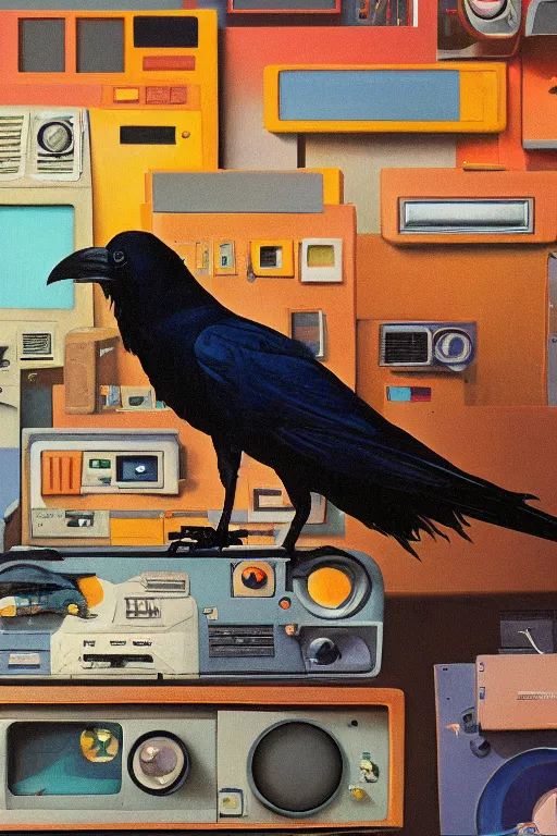 Image similar to a raven digging through 8 0 s era technology, vintage shapes, retro technology, happy color, wayne barlow, oil on canvas, deep depth of field, masterpiece, cinematic composition, hyperdetailed