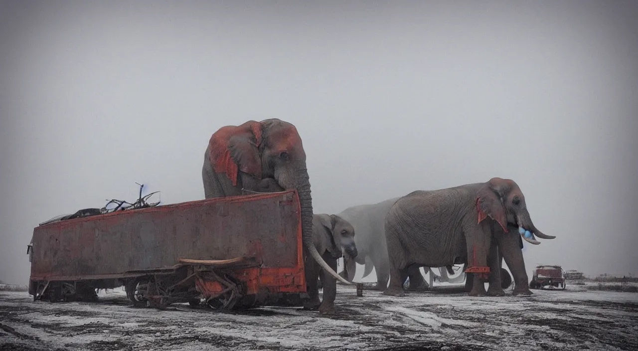 Prompt: “photo color of one biomechanical giant elephant/wagon/mamouth in an arctic storm with fog and blizzard, the mammoth drags old gigantic coal wagons with snow, it's a sunset photo with cold tones, some people around ”