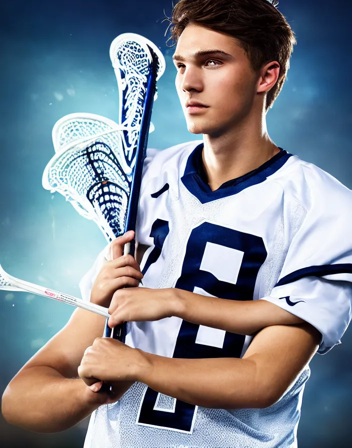 Image similar to closeup portrait of very beautiful cute male lacrosse player in a penn state stadium, glamour pose, particle effects, backlit, highly detailed, soft ambient lighting, sharp focus, rule of thirds, artgerm, wlop, arney freytag, rossdraws, frank frazetta, andrei riabovitchev, hd, octane, 4 k