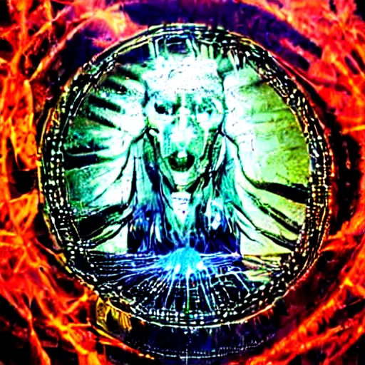 Prompt: cybercore dragon angel pimp demonoid disappearing into a portal covered in wires damnation emerging in the middle of my digusting dirty room, holy ceremony, low quality photo, flikr , creepy, hypermaximalist, trail cam found footage, realistic, , intricate fine detail