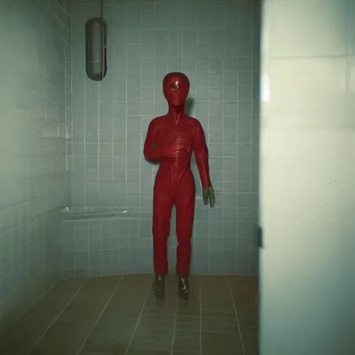 Image similar to an alien creature standing in a soviet bathroom, cinestill 8 0 0 t