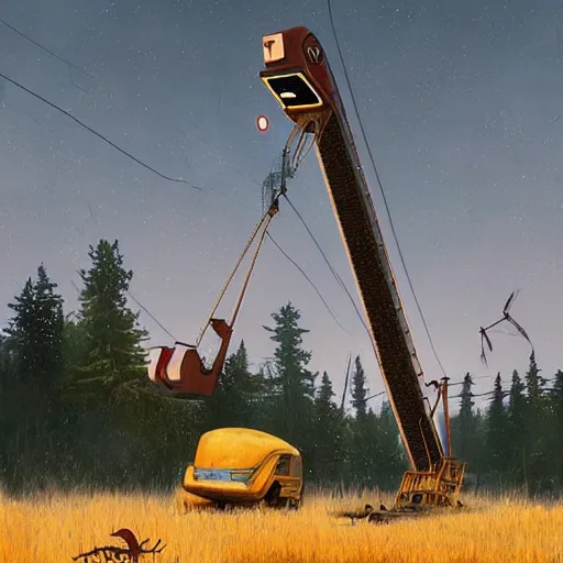 Prompt: an abandoned giant crane shaped like a beetle, art by simon stalenhag