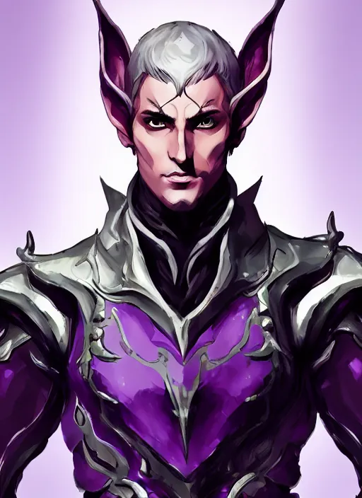 Image similar to Half body portrait of a handsome elven aristocrat with short hair wearing purple heavy armor. In style of Yoji Shinkawa and Hyung-tae Kim, trending on ArtStation, dark fantasy, great composition, concept art, highly detailed, dynamic pose.