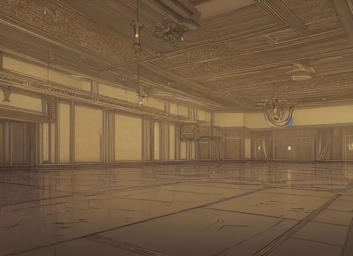 Prompt: the grand ballroom that is now melancholically empty, anime fantasy illustration by tomoyuki yamasaki, kyoto studio, madhouse, ufotable, square enix, cinematic lighting, trending on artstation
