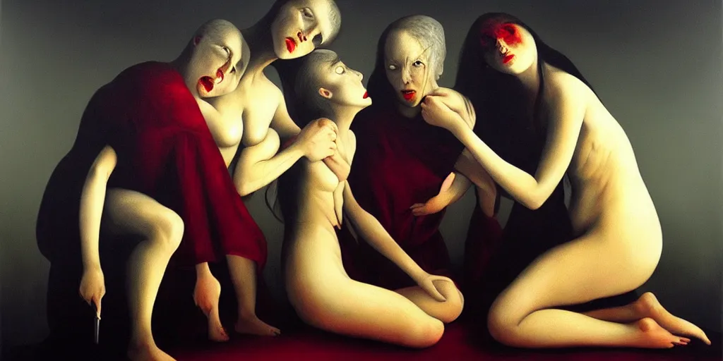 Image similar to the three fates, pain, pleasure, suffering, adventure, love, abstract oil painting by gottfried helnwein