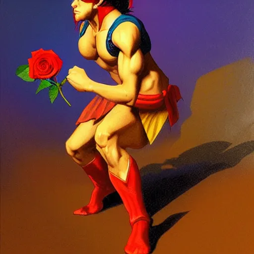 Image similar to Vega from street fighter holding a rose, in the style of Frederic Remington, artstation, claw