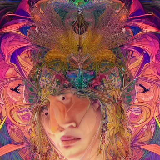 Image similar to A reality bending psychedelic ayahuasca experience, colorful, distorted, surreal, tropical bird feathers, dramatic lighting on the face, intricate, elegant, highly detailed, digital painting, concept art, smooth, sharp focus, illustration, art by Krenz Cushart and Wayne Barlowe and alphonse mucha