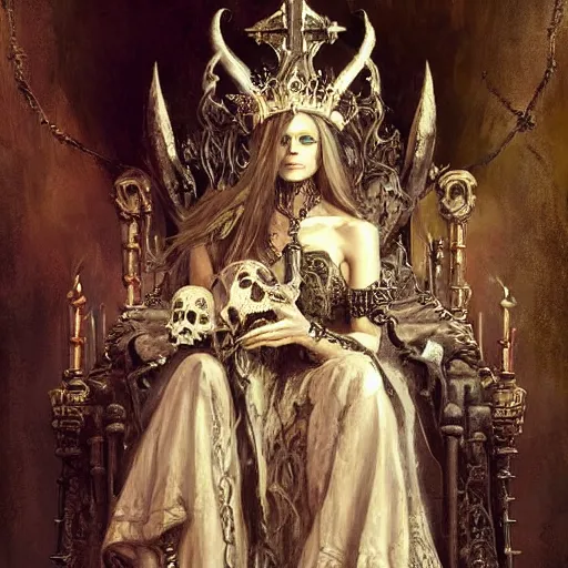 Prompt: beautiful painting of the queen of bones by a cemetary, sitting on a throne, detailed face, with a crown of skulls, skull earings, painting by gaston bussiere, craig mullins