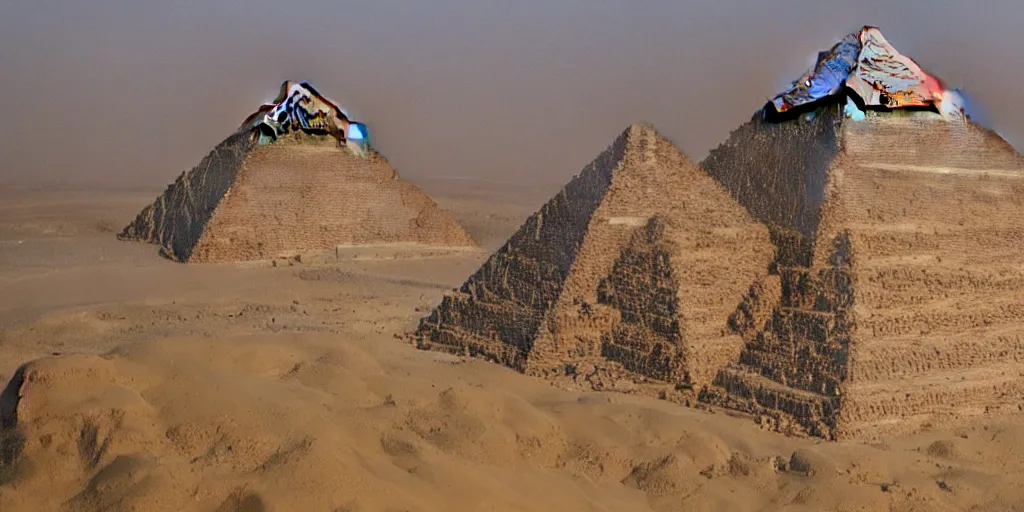 Image similar to A giant mountain in an areal shot of ancient egypt in front of the Pyramids