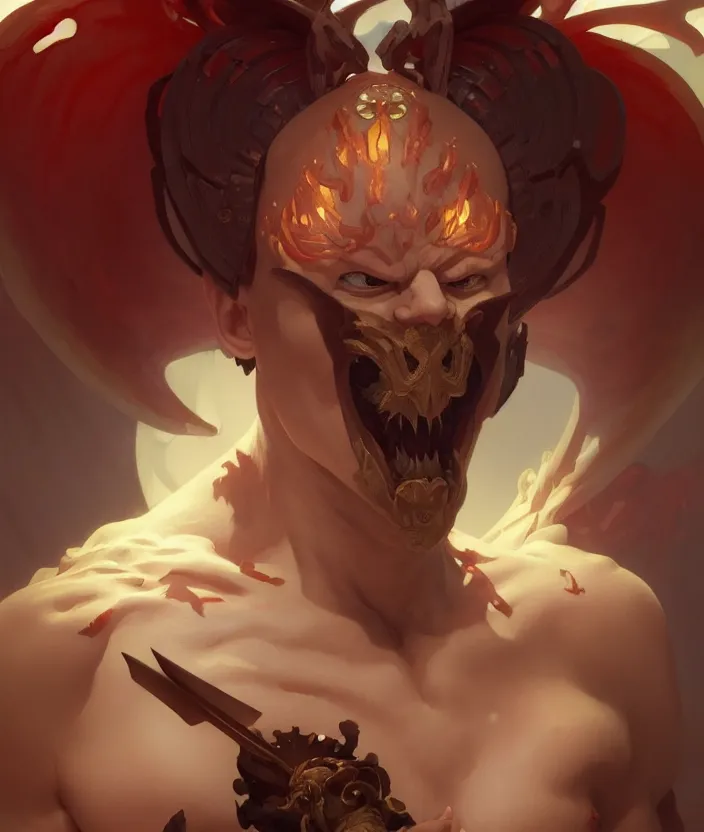 Image similar to excellent painted portrait of the grand demon tyrant, high quality masterpiece painted portrait, symmetry, 4k, trending on artstation, octane render, art by artgerm and greg rutkowski and alphonse mucha and craig mullins and James Jean and Andrei Riabovitchev and Marc Simonetti and peter mohrbacher