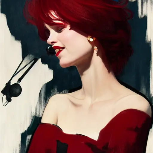 Image similar to a beautiful portait of a piano player with black and red hair singing in a jazz club, female, intricate, elegant, highly detailed, digital painting, artstation, concept art, matte, sharp focus, illustration, art by greg rutkowski and alphonse mucha