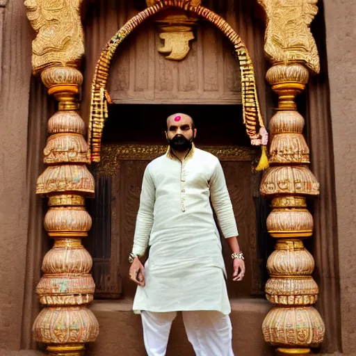 Prompt: brahmin drake the rapper wearing a silk kurta, bundi, hindu kovil scene