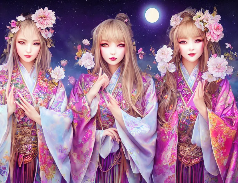 Image similar to two beautiful alluring siberian girls wear fantasy kimono in festival | | sunny night, full moon, dreamlike art, realistic shaded, smile, good looking, hyper details, 4 k realistic, cryengine, realistic shaded lighting poster by artgerm, ross tran, fuji choko, 8 k resolution, trending on artstation, luxury