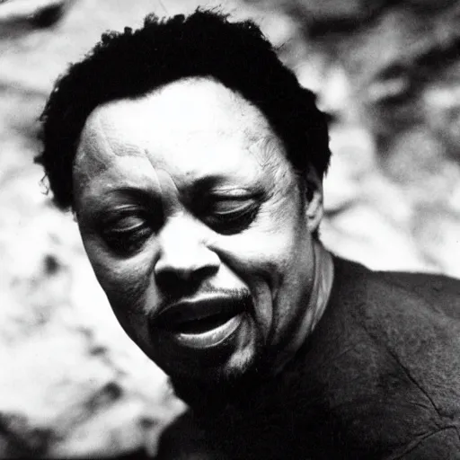 Image similar to photo inside a cavern of a wet reptilian humanoid charles mingus partially hidden behind a rock, with black eyes, open mouth and big teeth