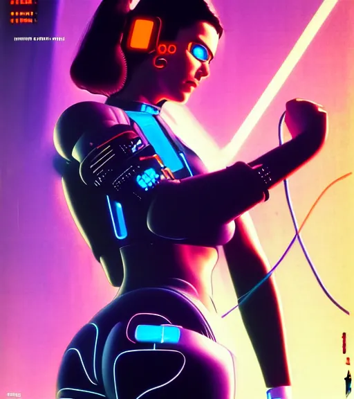 Image similar to cable inserted into head, jacked into cyberdeck wrist terminal, very very beautiful cyberpunk woman, computer, 1 9 7 9 omni magazine cover, style by vincent di fate, cyberpunk 2 0 7 7, very coherent, detailed, 4 k resolution, unreal engine, daz