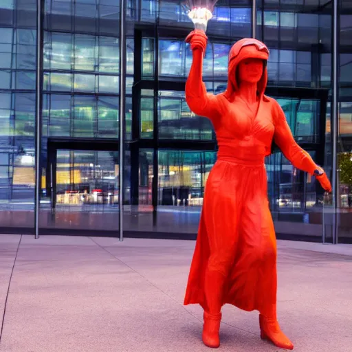 Image similar to michelangelo woman carrying torch at cnn headquarters with stormy lighting and clouds in the background 4 k hdr