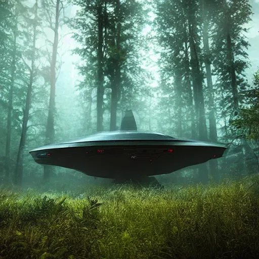 Prompt: an alien ship in the middle of the forest, cinematic composition, cinematic, atmospheric lighting