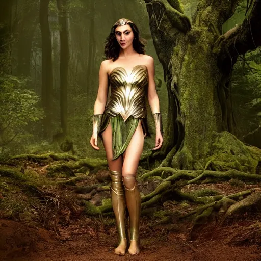 Image similar to Full body photo of the beautiful woman Gal Gadot as a dryad, she has those characteristic sparkling green eyes, she is looking straight to the camera, she has a glow coming from her, she is getting illuminated for rays of light, behind her is an ancient forest full of life, the photo was taking by Annie Leibovitz, Ellie Victoria Gale and Steve McCurry, matte painting, oil painting, naturalism, 4k, 8k